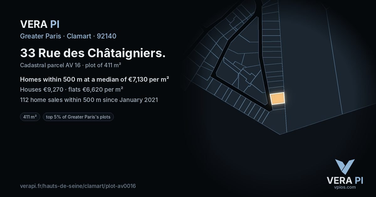 33 Rue des Châtaigniers, Clamart at night – the plot lit, the parcels around coloured by the prices near them