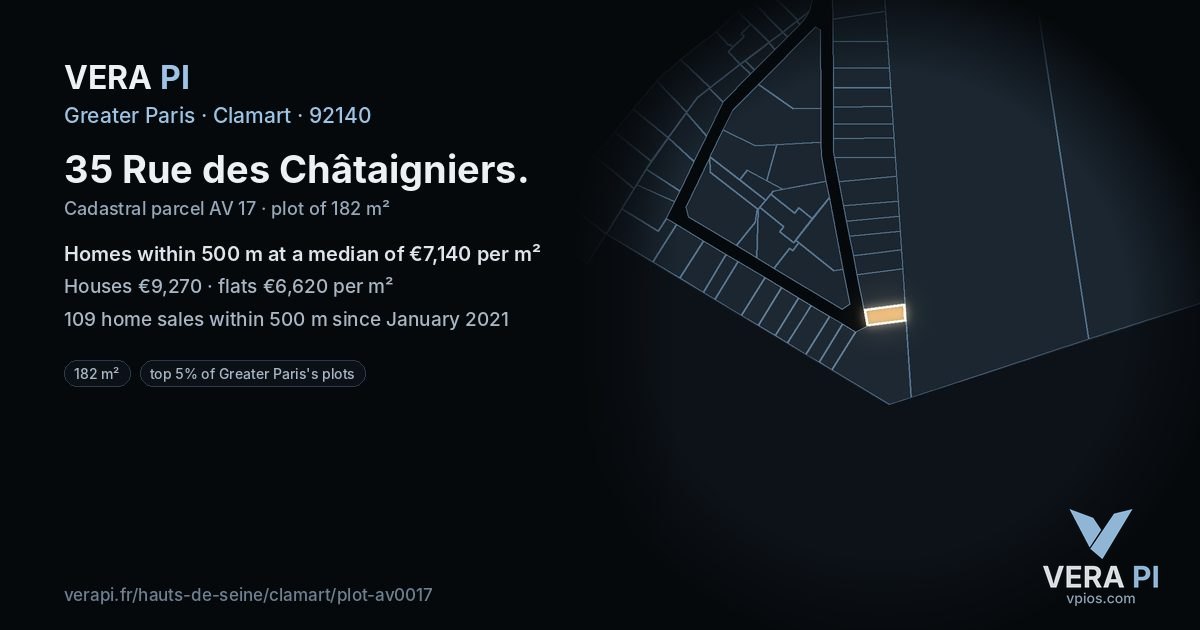35 Rue des Châtaigniers, Clamart at night – the plot lit, the parcels around coloured by the prices near them