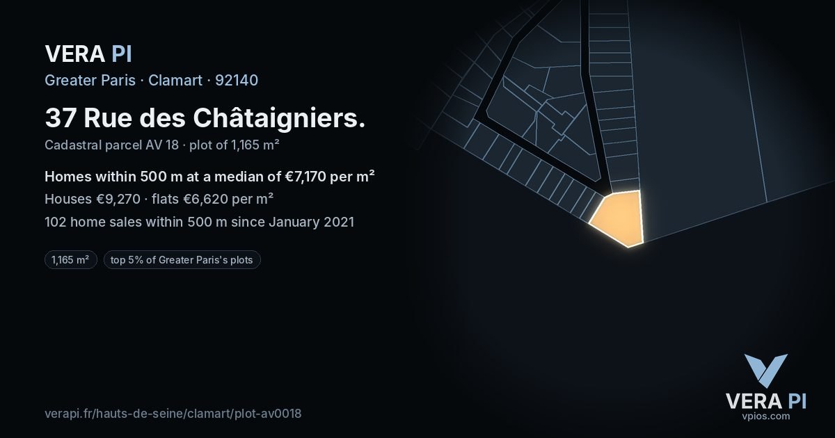 37 Rue des Châtaigniers, Clamart at night – the plot lit, the parcels around coloured by the prices near them