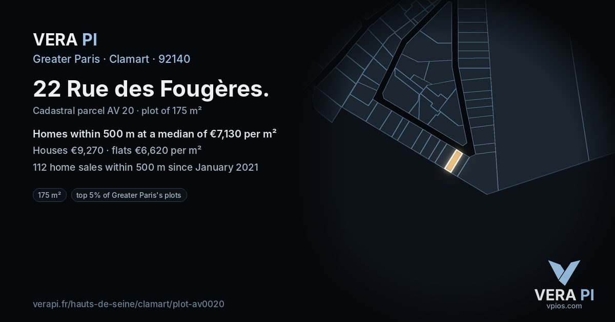 22 Rue des Fougères, Clamart at night – the plot lit, the parcels around coloured by the prices near them