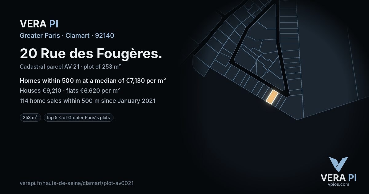 20 Rue des Fougères, Clamart at night – the plot lit, the parcels around coloured by the prices near them