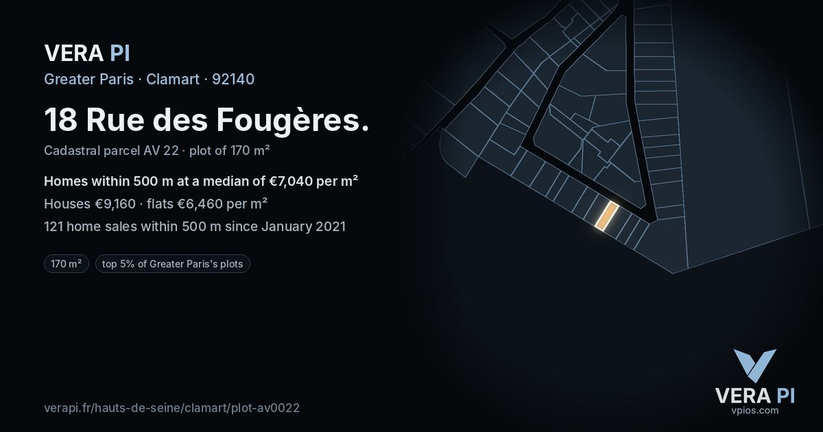 18 Rue des Fougères, Clamart at night – the plot lit, the parcels around coloured by the prices near them