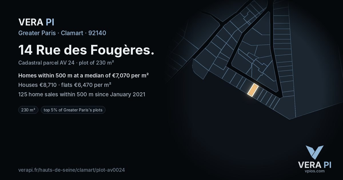 14 Rue des Fougères, Clamart at night – the plot lit, the parcels around coloured by the prices near them