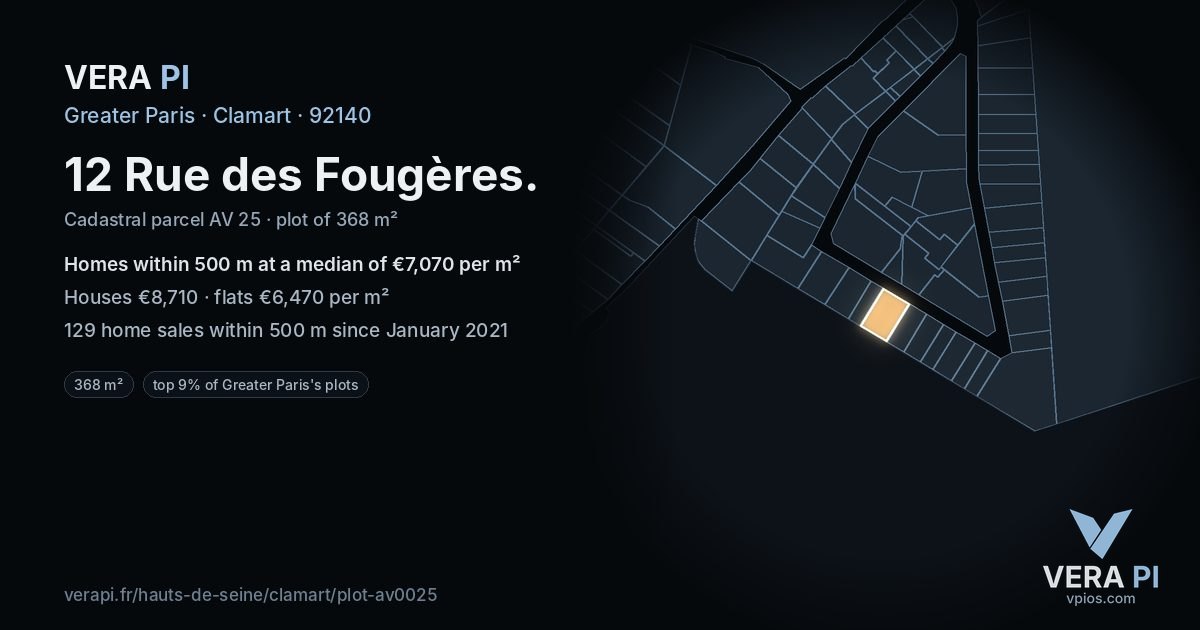 12 Rue des Fougères, Clamart at night – the plot lit, the parcels around coloured by the prices near them