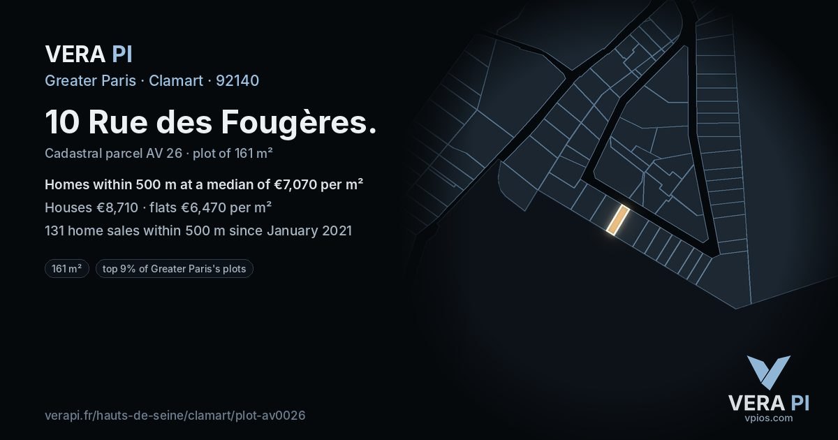 10 Rue des Fougères, Clamart at night – the plot lit, the parcels around coloured by the prices near them