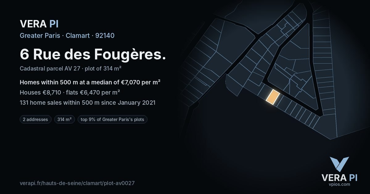 6 Rue des Fougères, Clamart at night – the plot lit, the parcels around coloured by the prices near them