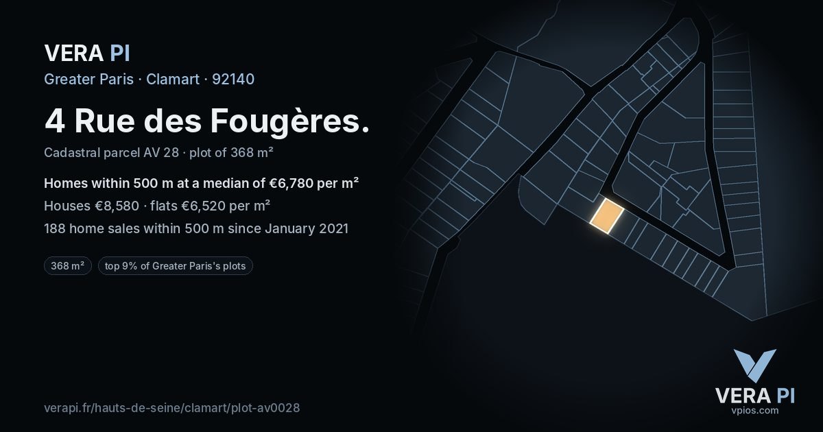 4 Rue des Fougères, Clamart at night – the plot lit, the parcels around coloured by the prices near them