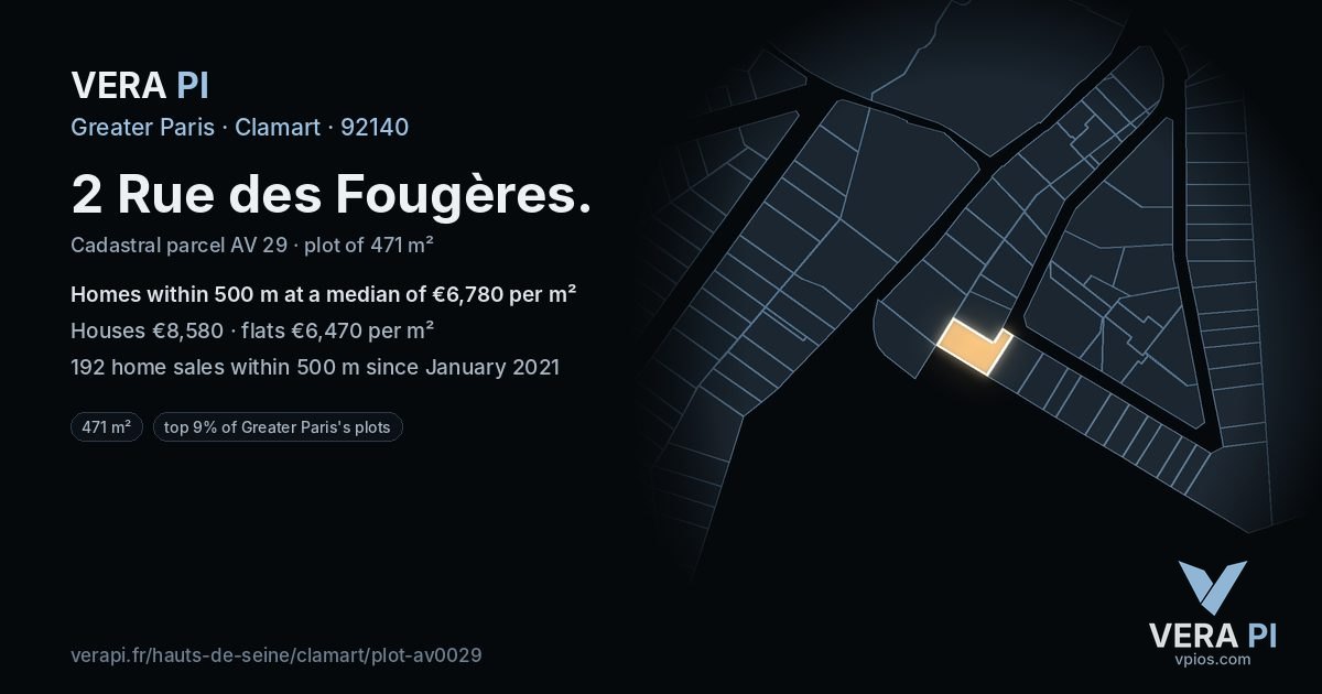 2 Rue des Fougères, Clamart at night – the plot lit, the parcels around coloured by the prices near them