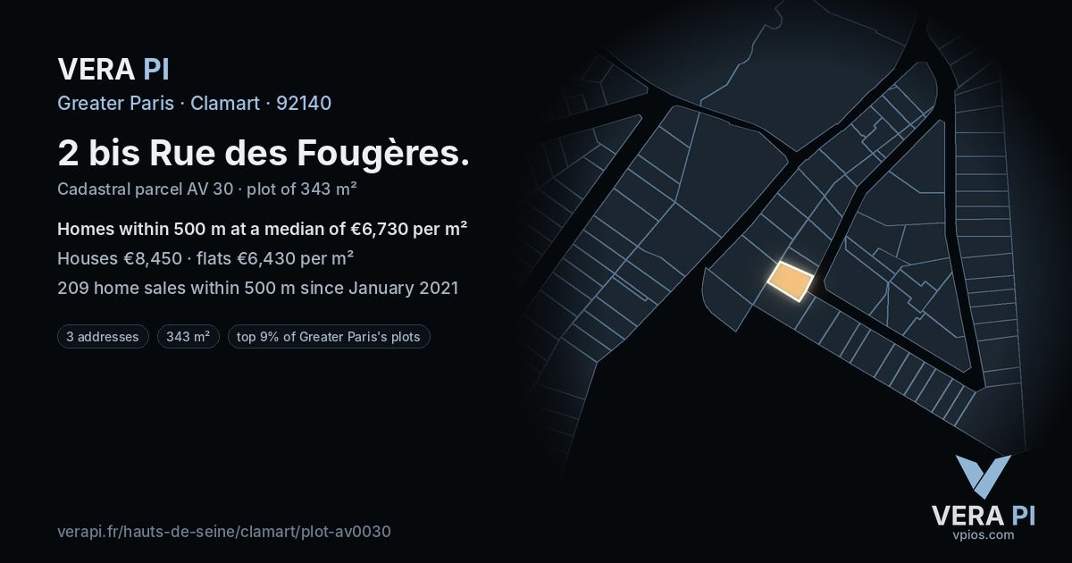 2 bis Rue des Fougères, Clamart at night – the plot lit, the parcels around coloured by the prices near them
