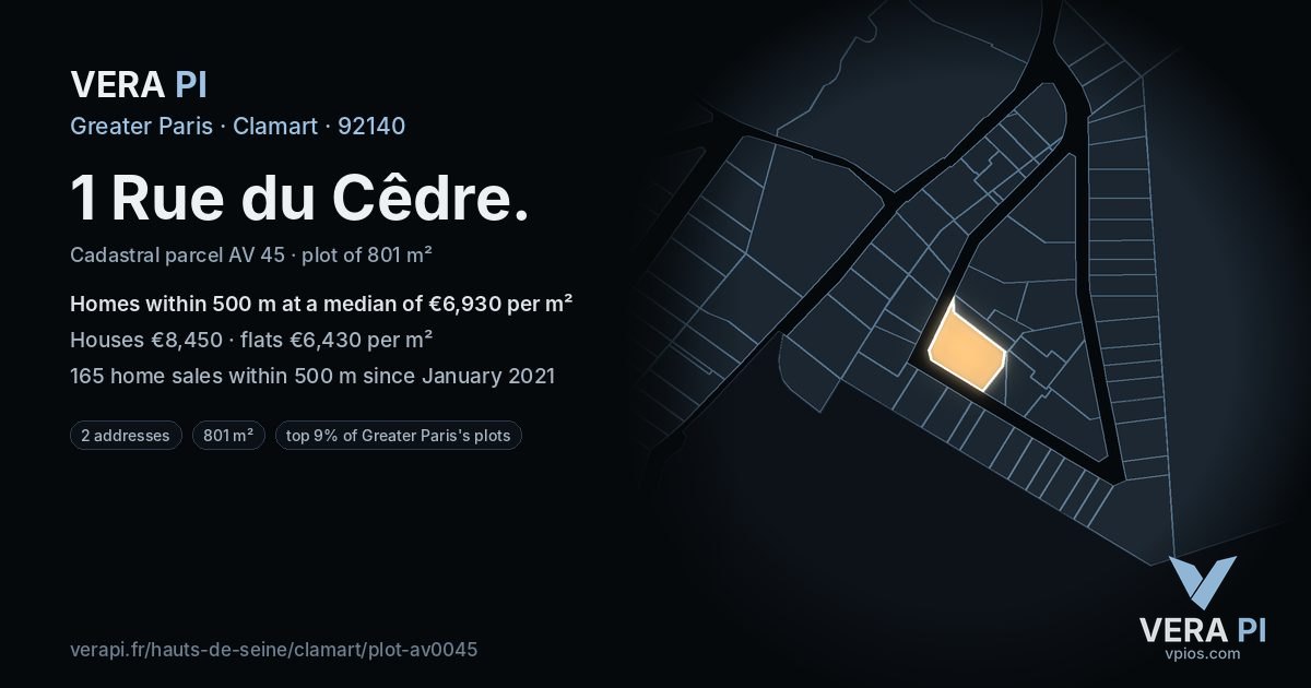 1 Rue du Cêdre, Clamart at night – the plot lit, the parcels around coloured by the prices near them