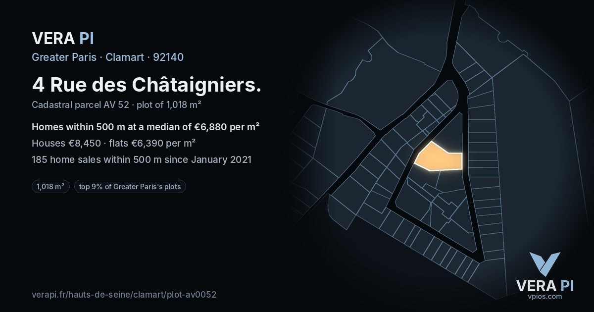 4 Rue des Châtaigniers, Clamart at night – the plot lit, the parcels around coloured by the prices near them