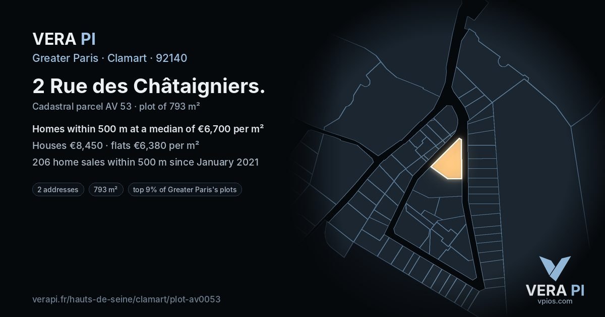 2 Rue des Châtaigniers, Clamart at night – the plot lit, the parcels around coloured by the prices near them