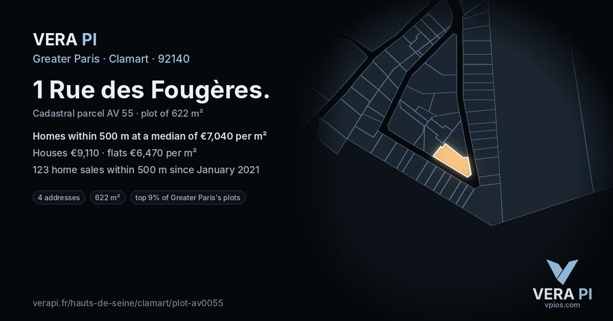 1 Rue des Fougères, Clamart at night – the plot lit, the parcels around coloured by the prices near them
