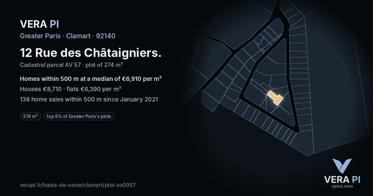 12 Rue des Châtaigniers, Clamart at night – the plot lit, the parcels around coloured by the prices near them