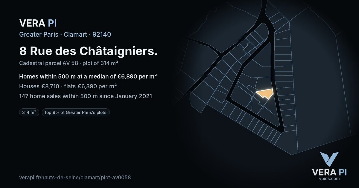 8 Rue des Châtaigniers, Clamart at night – the plot lit, the parcels around coloured by the prices near them