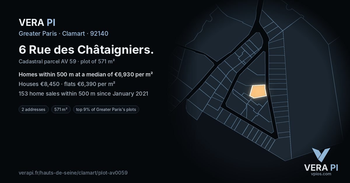 6 Rue des Châtaigniers, Clamart at night – the plot lit, the parcels around coloured by the prices near them