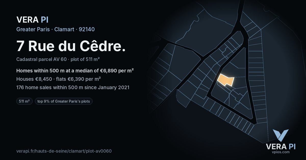 7 Rue du Cêdre, Clamart at night – the plot lit, the parcels around coloured by the prices near them