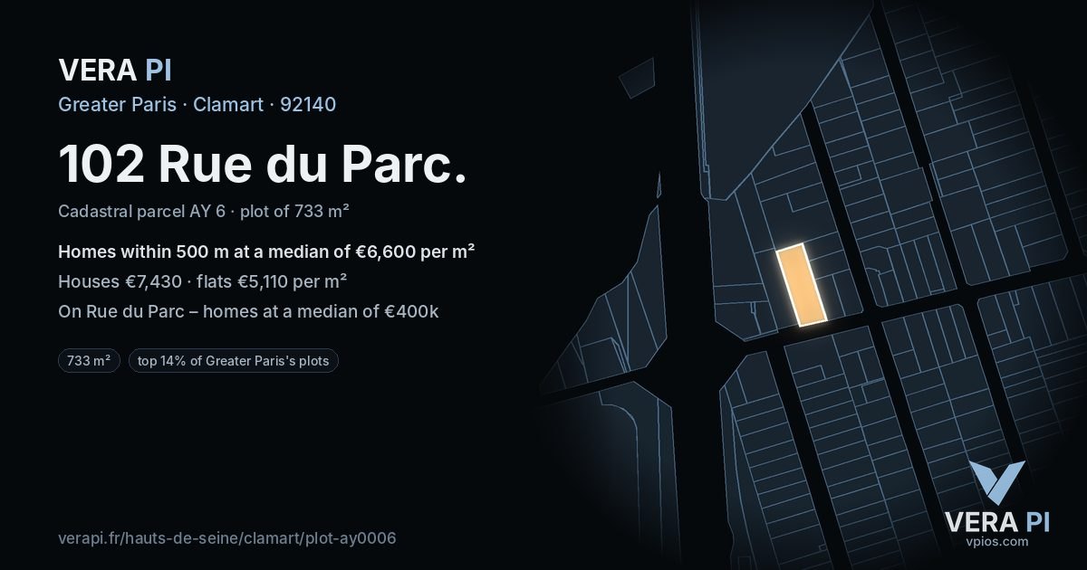 102 Rue du Parc, Clamart at night – the plot lit, the parcels around coloured by the prices near them