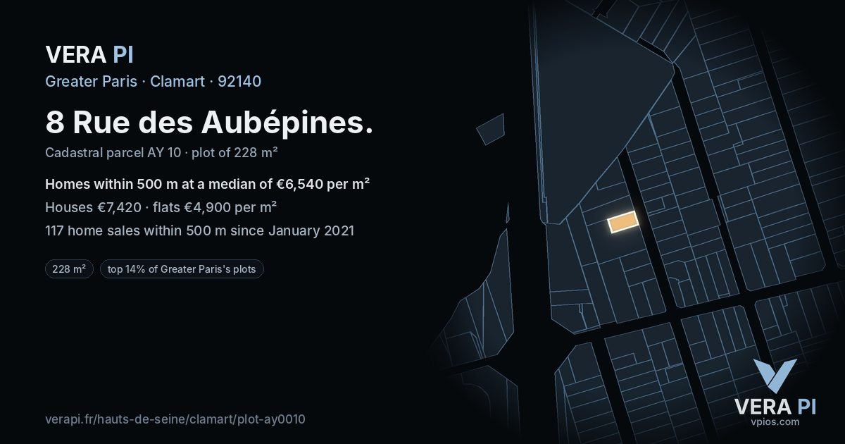 8 Rue des Aubépines, Clamart at night – the plot lit, the parcels around coloured by the prices near them