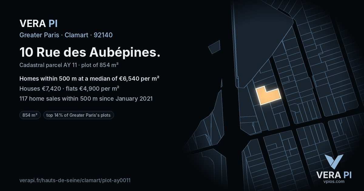 10 Rue des Aubépines, Clamart at night – the plot lit, the parcels around coloured by the prices near them
