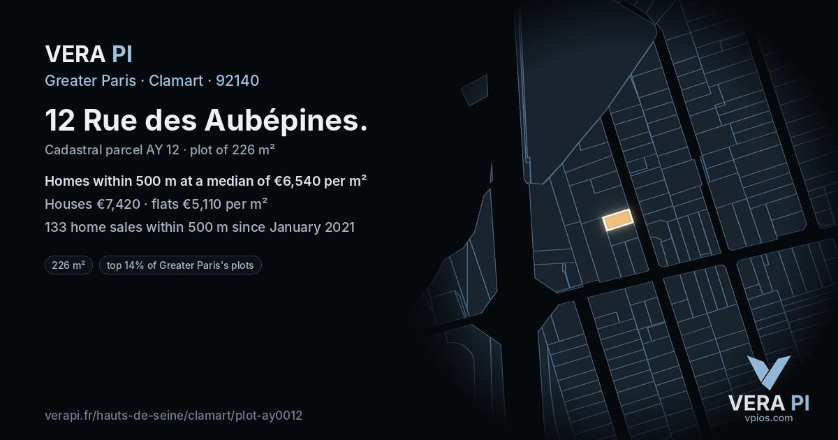 12 Rue des Aubépines, Clamart at night – the plot lit, the parcels around coloured by the prices near them