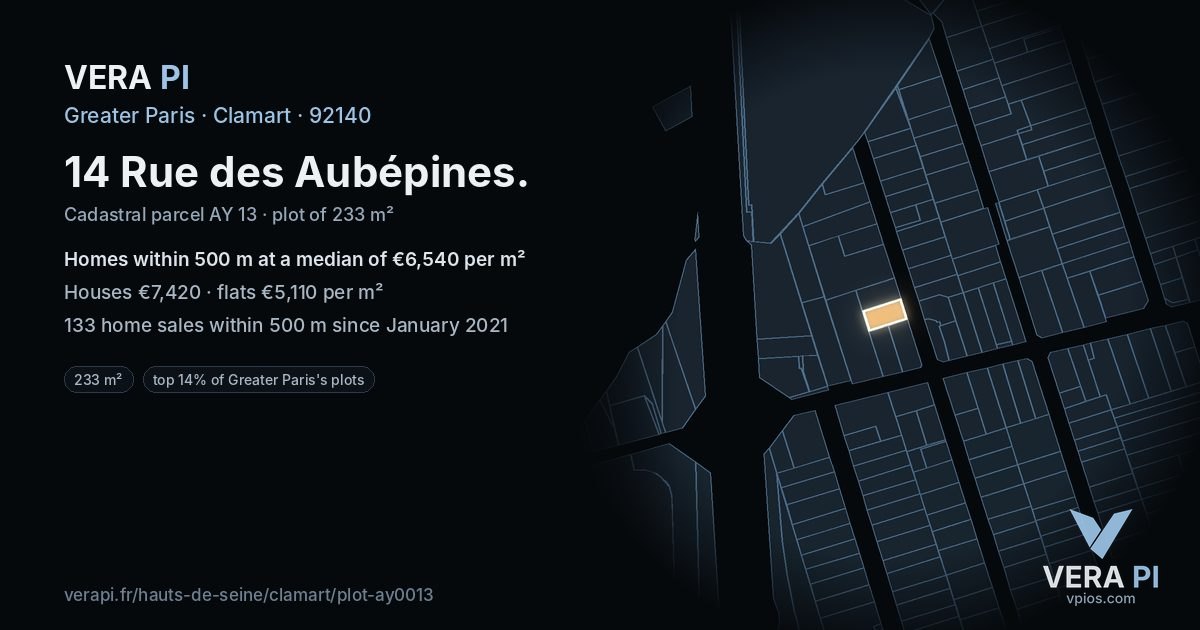 14 Rue des Aubépines, Clamart at night – the plot lit, the parcels around coloured by the prices near them