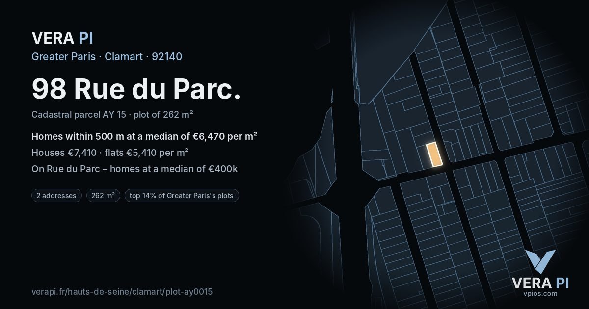 98 Rue du Parc, Clamart at night – the plot lit, the parcels around coloured by the prices near them
