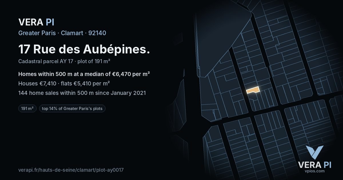 17 Rue des Aubépines, Clamart at night – the plot lit, the parcels around coloured by the prices near them