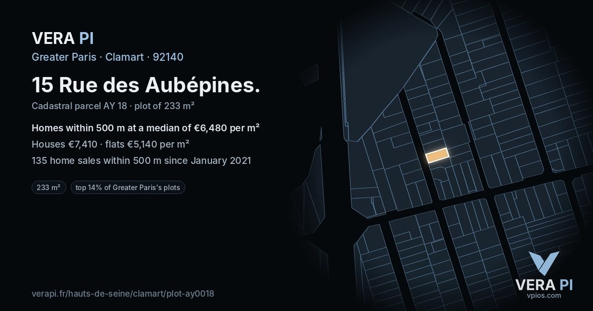 15 Rue des Aubépines, Clamart at night – the plot lit, the parcels around coloured by the prices near them