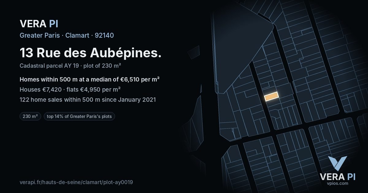 13 Rue des Aubépines, Clamart at night – the plot lit, the parcels around coloured by the prices near them