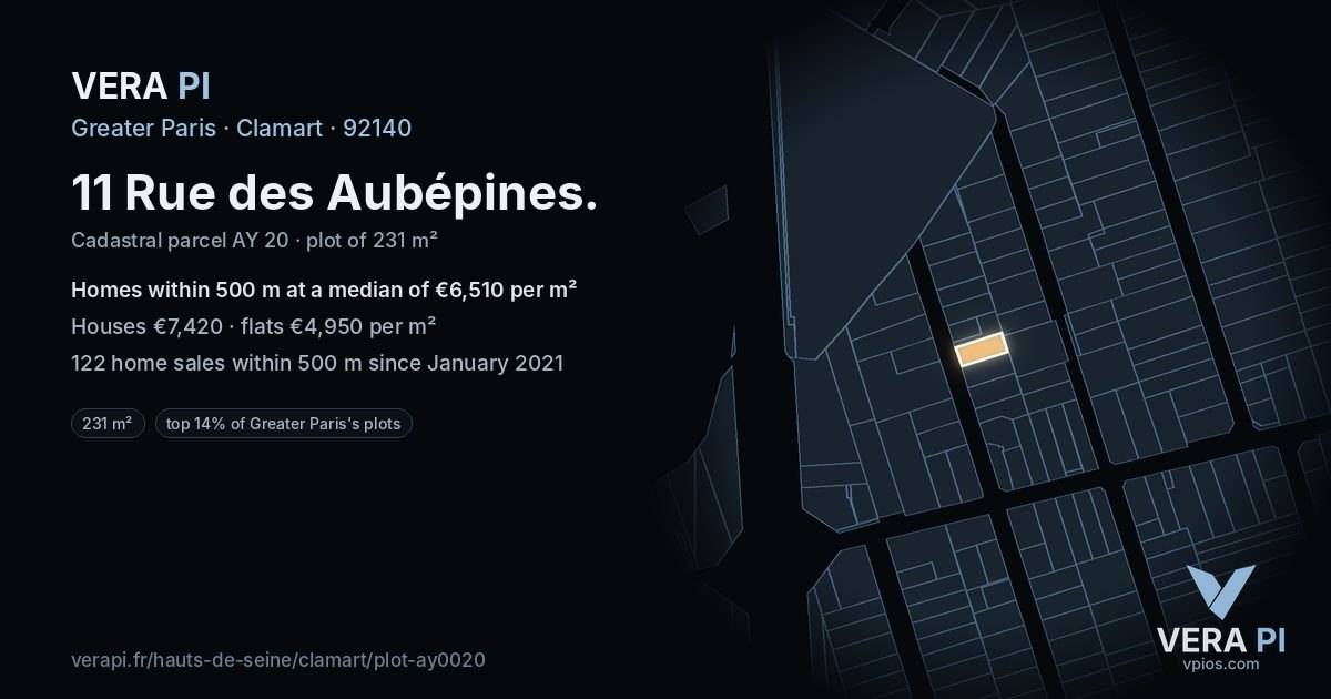 11 Rue des Aubépines, Clamart at night – the plot lit, the parcels around coloured by the prices near them