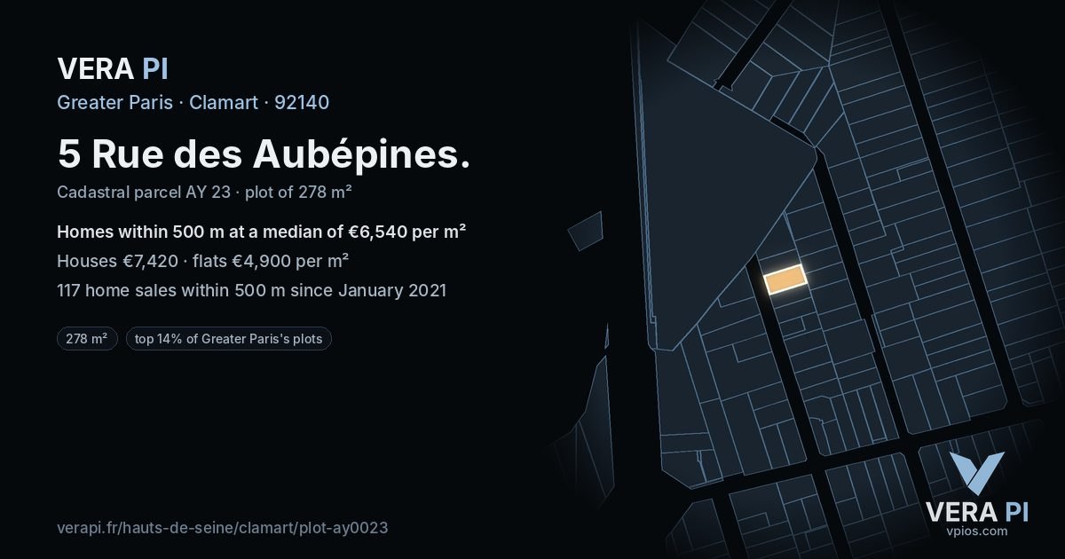 5 Rue des Aubépines, Clamart at night – the plot lit, the parcels around coloured by the prices near them