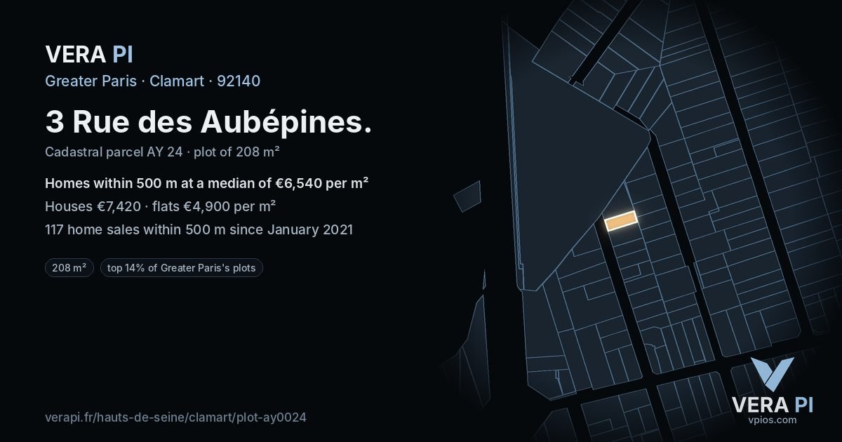 3 Rue des Aubépines, Clamart at night – the plot lit, the parcels around coloured by the prices near them