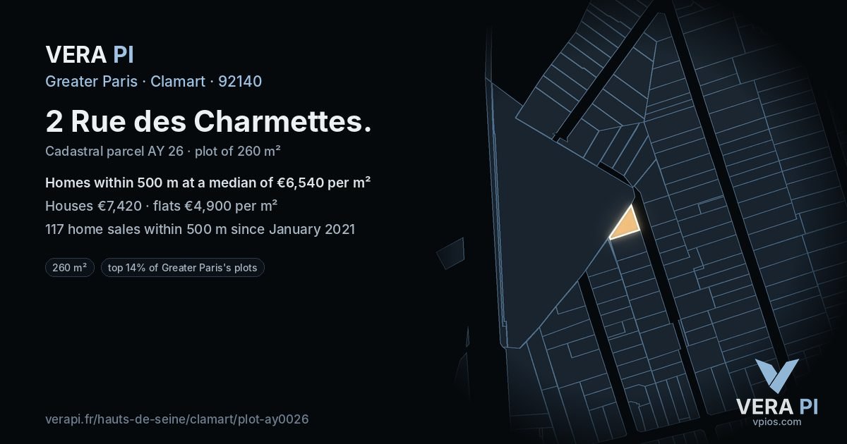 2 Rue des Charmettes, Clamart at night – the plot lit, the parcels around coloured by the prices near them