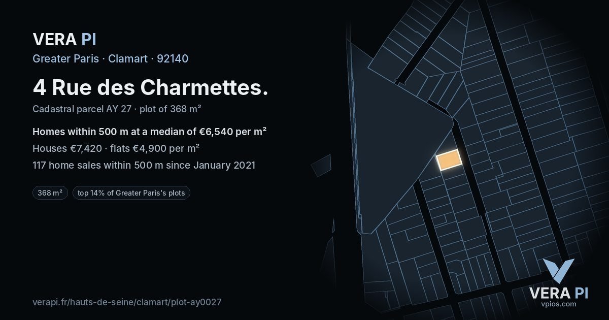4 Rue des Charmettes, Clamart at night – the plot lit, the parcels around coloured by the prices near them