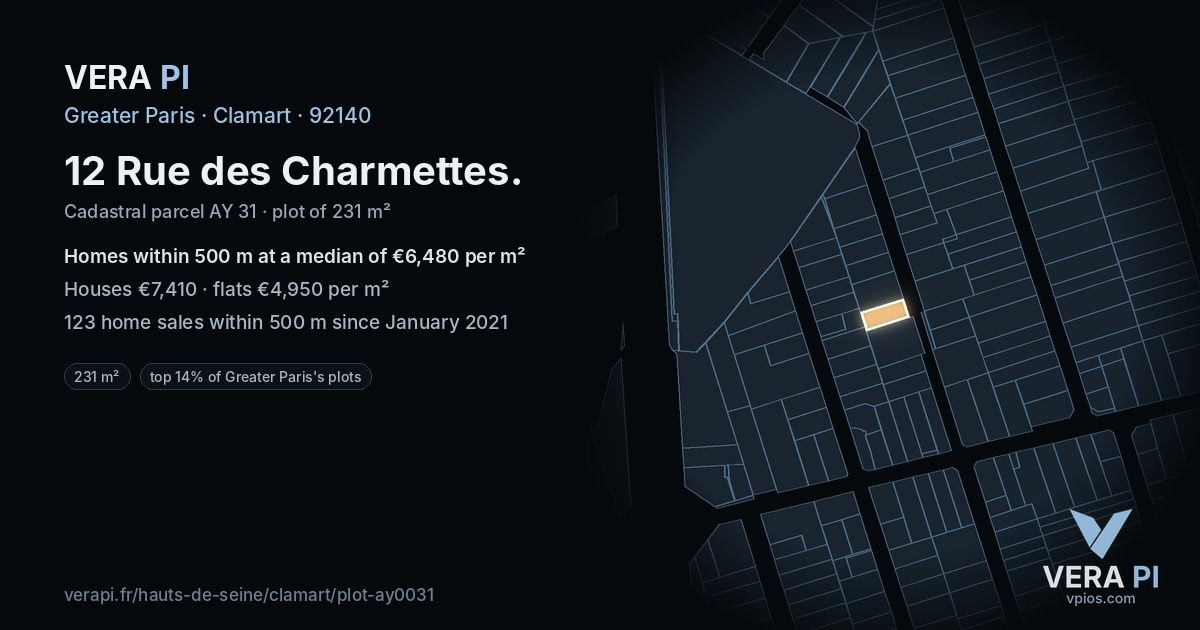 12 Rue des Charmettes, Clamart at night – the plot lit, the parcels around coloured by the prices near them
