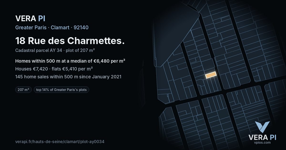 18 Rue des Charmettes, Clamart at night – the plot lit, the parcels around coloured by the prices near them
