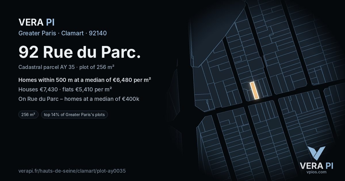 92 Rue du Parc, Clamart at night – the plot lit, the parcels around coloured by the prices near them