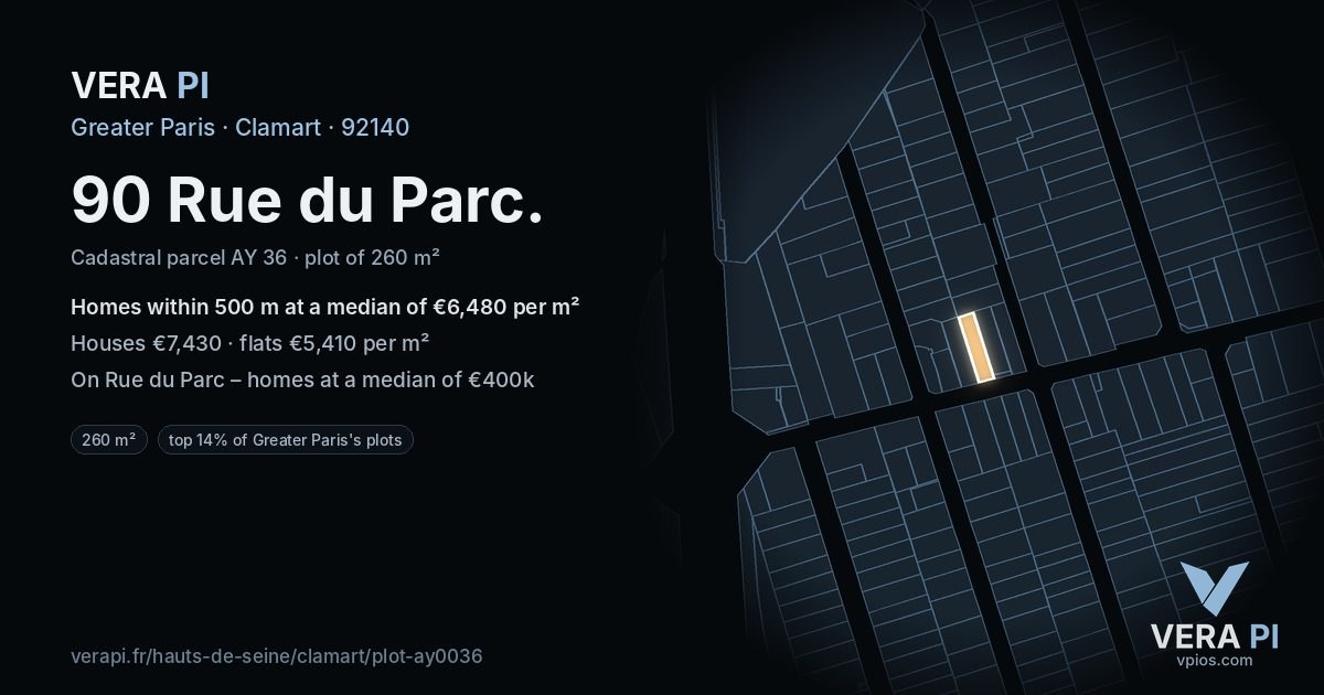 90 Rue du Parc, Clamart at night – the plot lit, the parcels around coloured by the prices near them