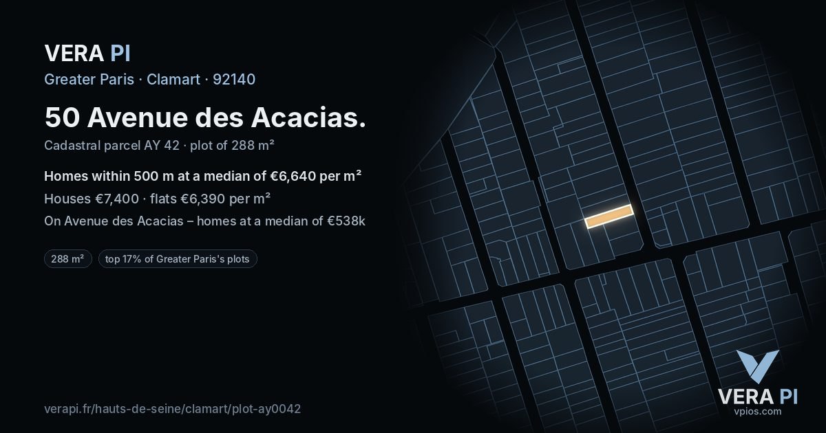 50 Avenue des Acacias, Clamart at night – the plot lit, the parcels around coloured by the prices near them
