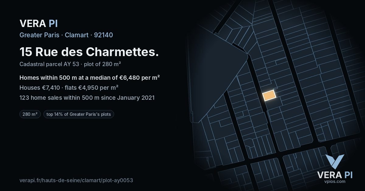 15 Rue des Charmettes, Clamart at night – the plot lit, the parcels around coloured by the prices near them