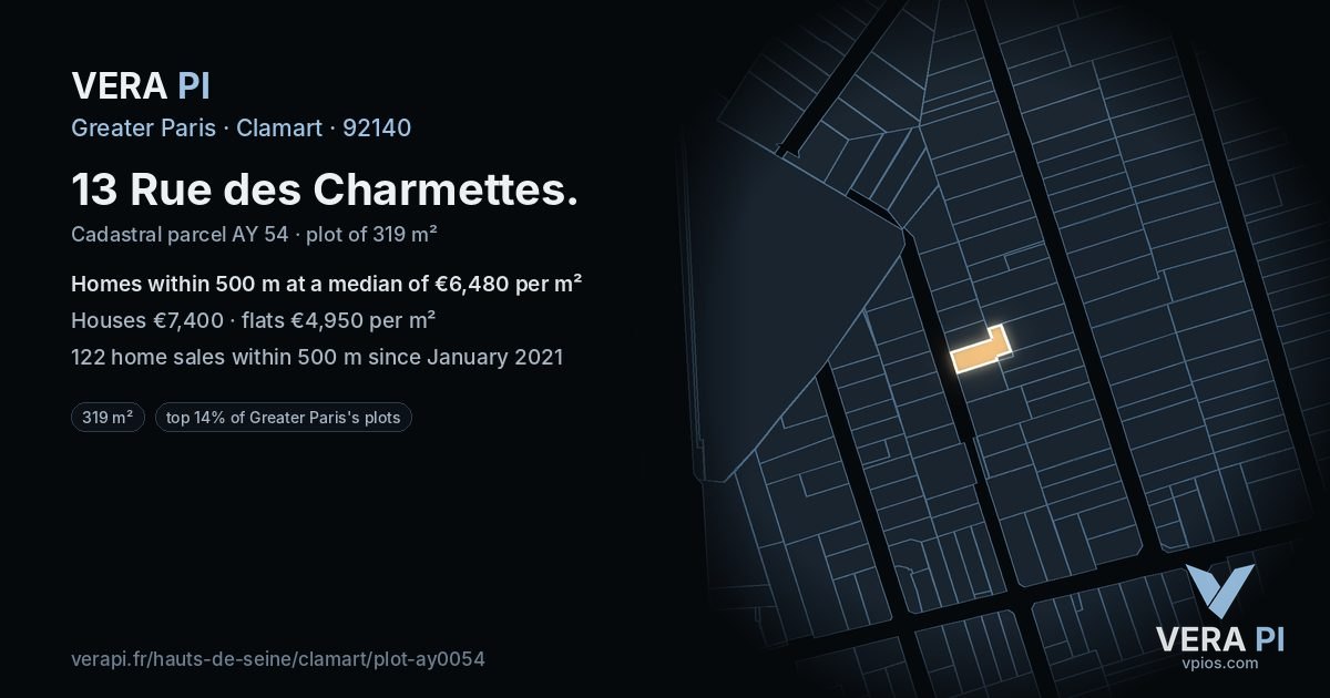 13 Rue des Charmettes, Clamart at night – the plot lit, the parcels around coloured by the prices near them
