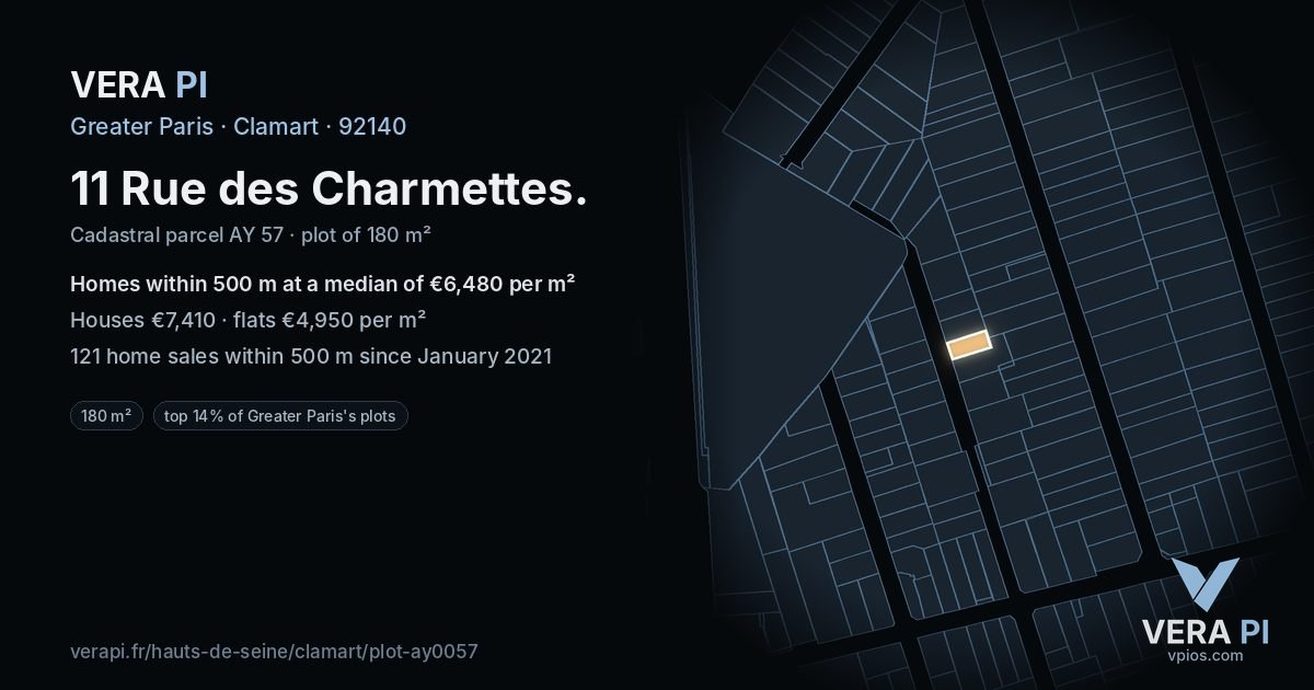 11 Rue des Charmettes, Clamart at night – the plot lit, the parcels around coloured by the prices near them