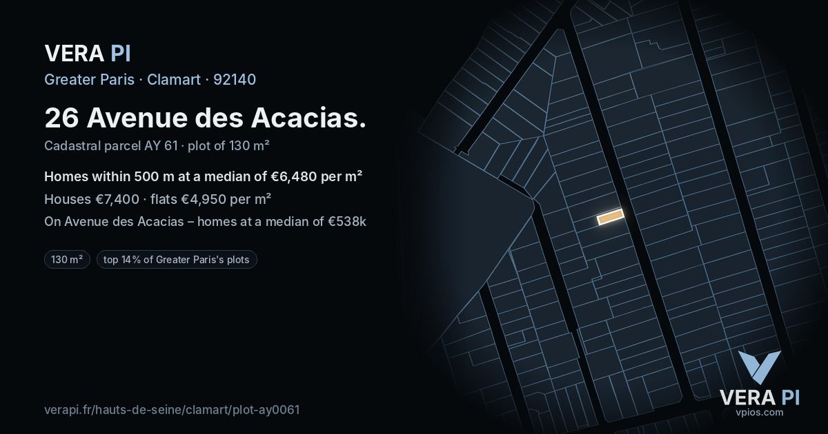 26 Avenue des Acacias, Clamart at night – the plot lit, the parcels around coloured by the prices near them