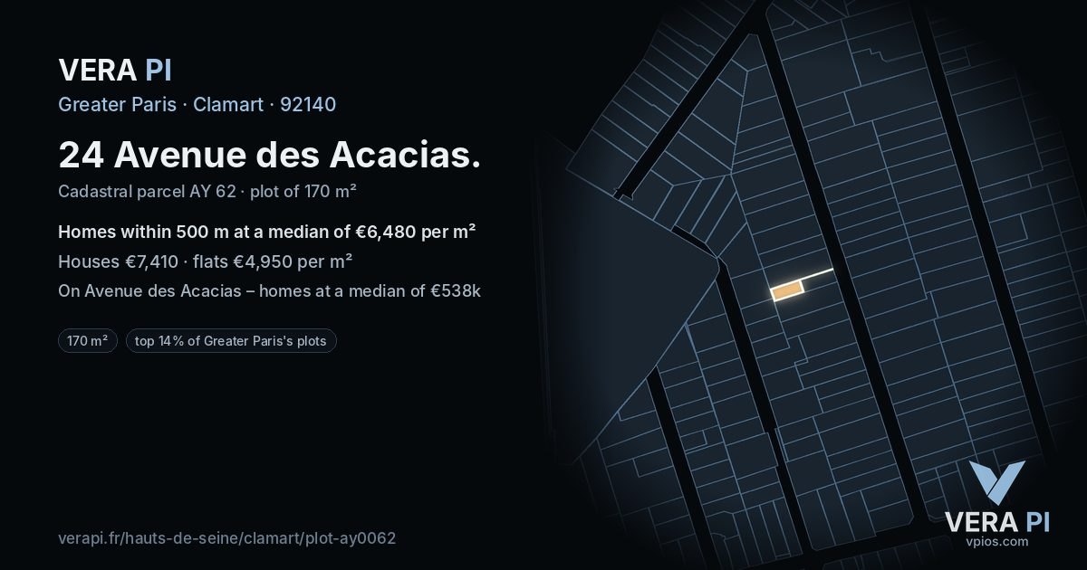 24 Avenue des Acacias, Clamart at night – the plot lit, the parcels around coloured by the prices near them
