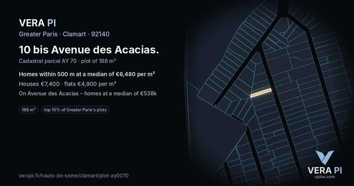 10 bis Avenue des Acacias, Clamart at night – the plot lit, the parcels around coloured by the prices near them