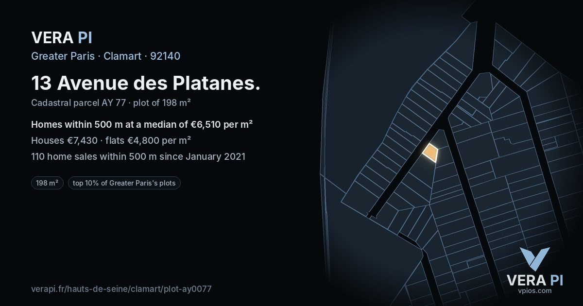 13 Avenue des Platanes, Clamart at night – the plot lit, the parcels around coloured by the prices near them