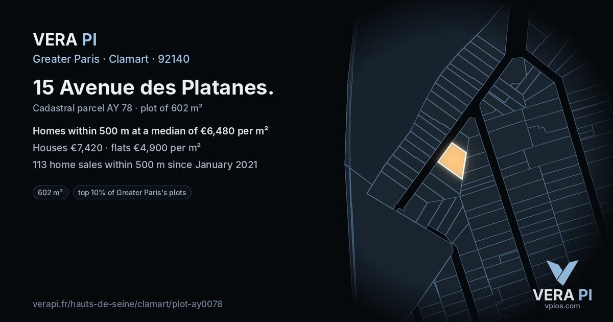 15 Avenue des Platanes, Clamart at night – the plot lit, the parcels around coloured by the prices near them