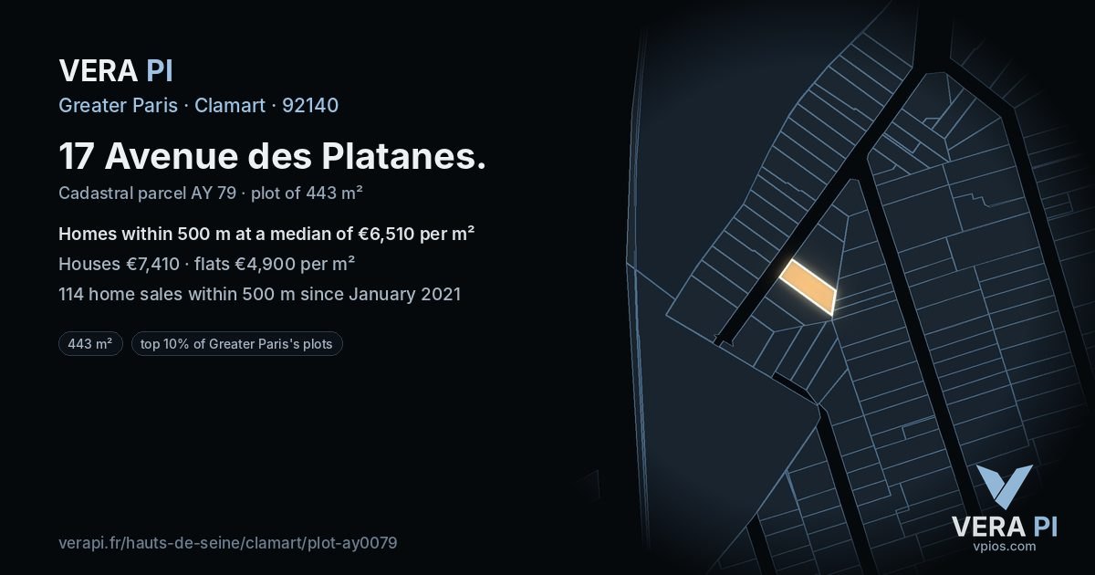 17 Avenue des Platanes, Clamart at night – the plot lit, the parcels around coloured by the prices near them