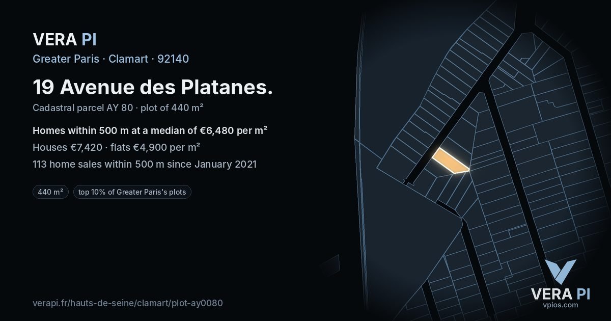 19 Avenue des Platanes, Clamart at night – the plot lit, the parcels around coloured by the prices near them